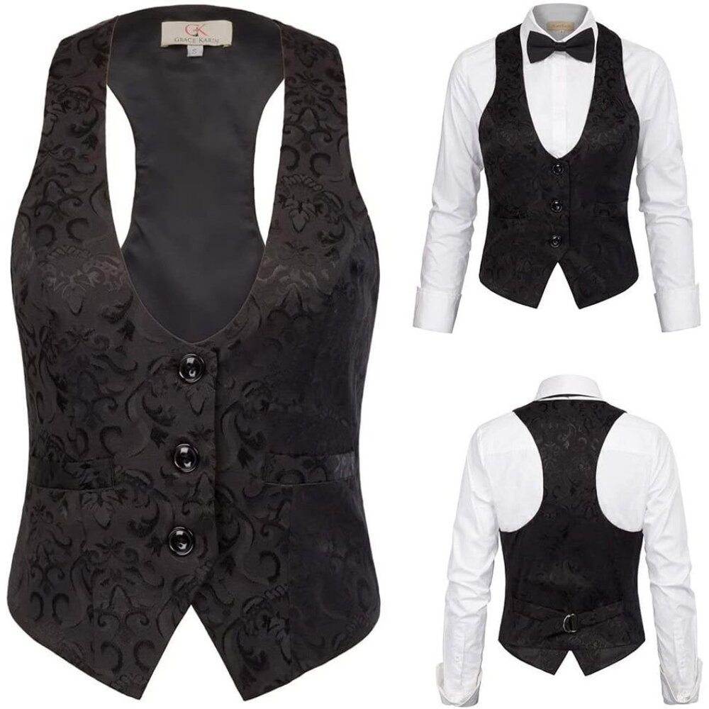 Womens Waistcoat Vest Vintage Steampunk Dress Racerback Jacquard Jacket - Picture 5 of 7
